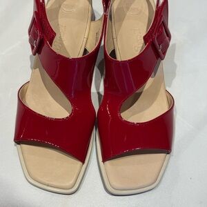 Glossy Red Sandals with Geometric Straps